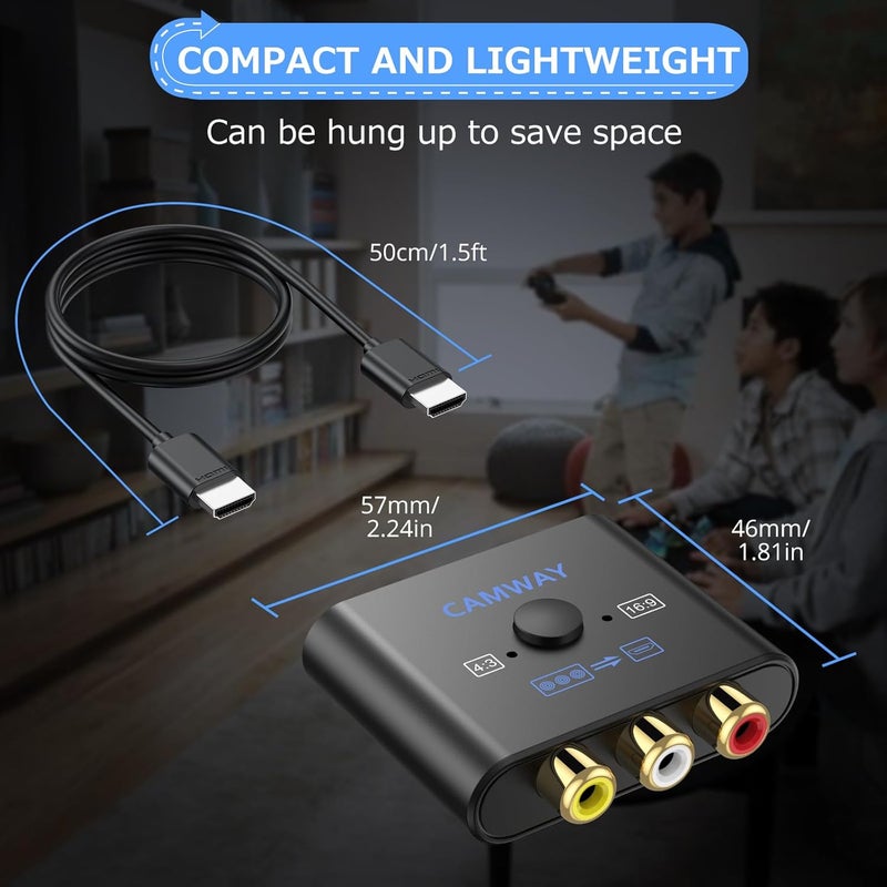 CAMWAY محول RCA إلى HDMI - تحويل 16:9/4:3 محول AV إلى HDMI بدقة 1080P لجهاز Wii/PS1/PS2/N64/X-box/DVD/VCR، محول فيديو وصوت CVBS مع كابل HDMI يدعم PAL و NTSC - Image 5